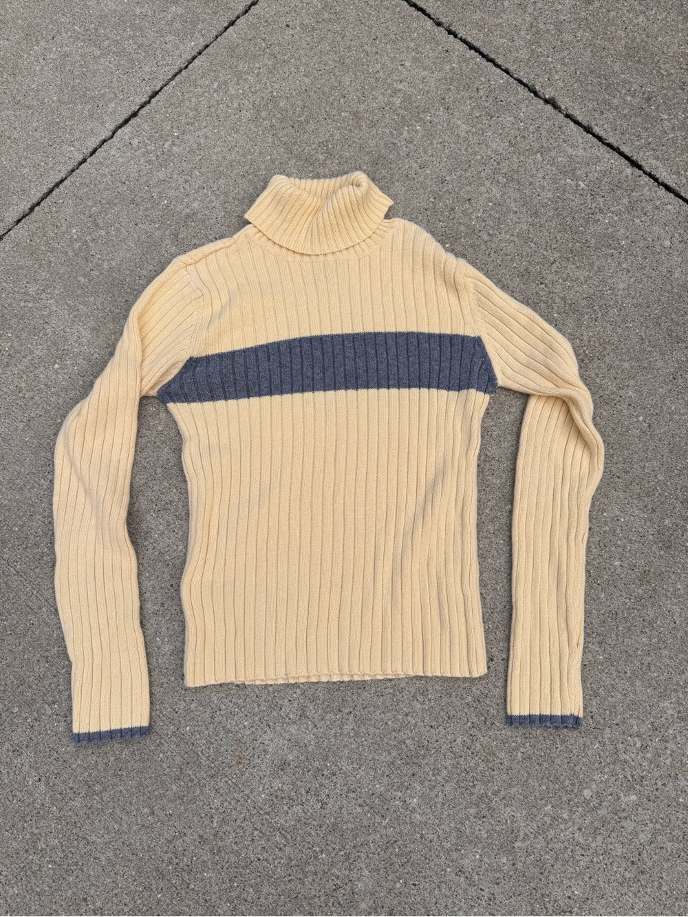 Yellow Turtleneck Ribbed Sweater with Gray Stripe